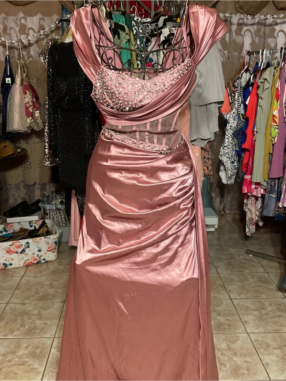 Satin Dusty Rose Prom Gown with Beaded Bodice